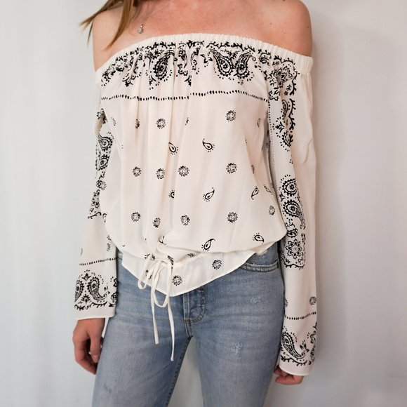 THEORY Off Shoulder Paisley Chiffon Blouse White - Picture 6 of 6